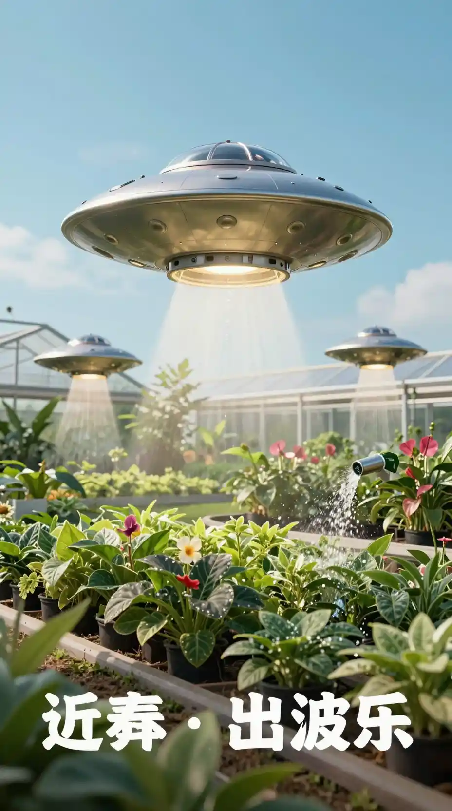 光り輝く庭の温室で植物の世話をする小さなUFO