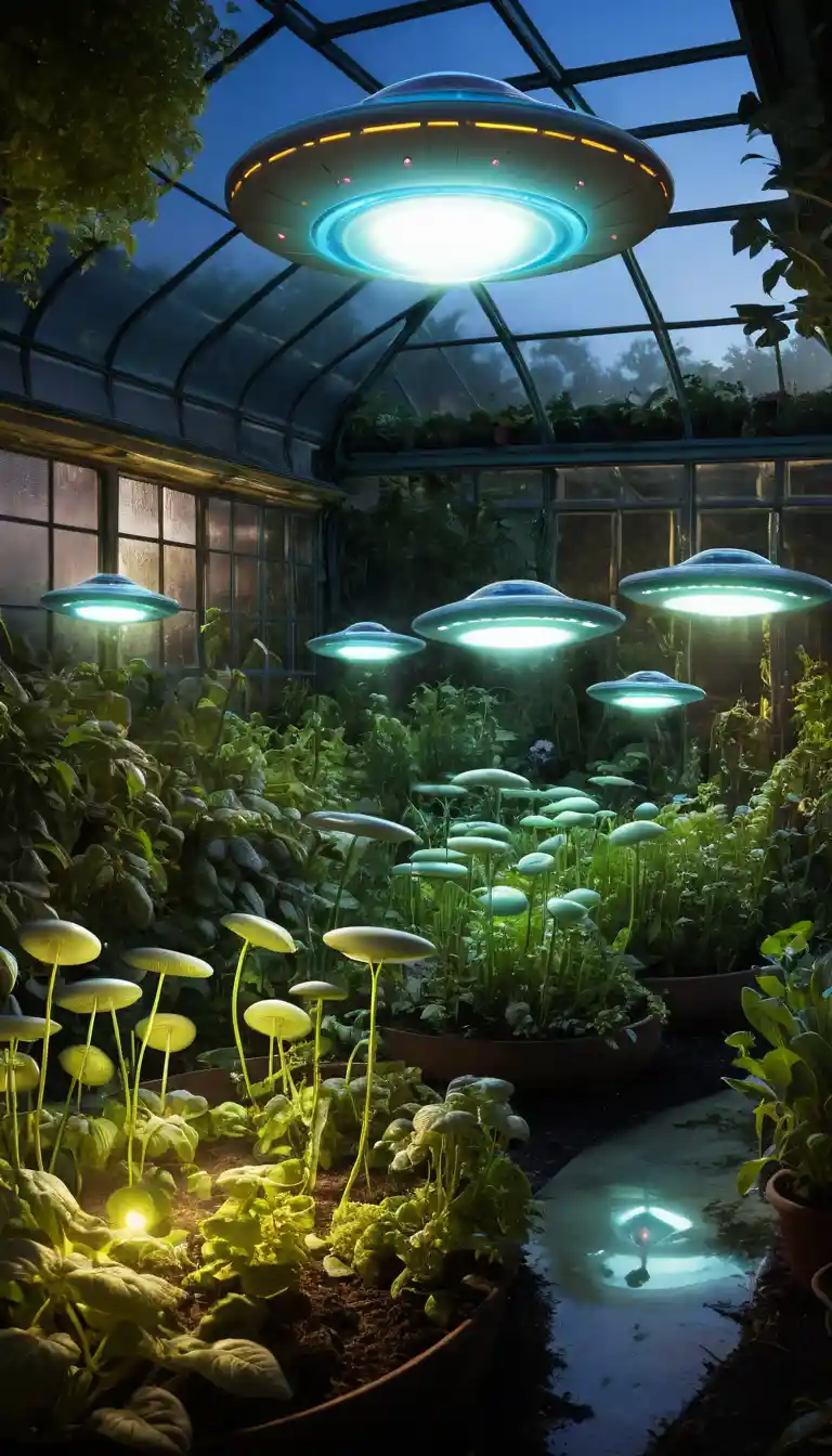 Pequeños ovnis cuidando plantas en un invernadero de jardín luminoso