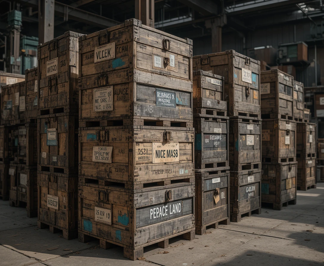Stacked wooden crates in a gritty industrial port warehouse