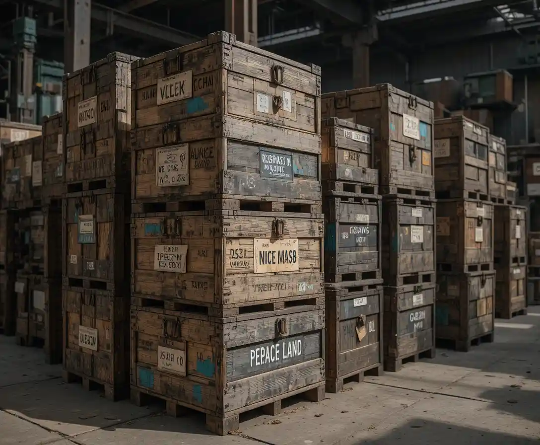 Stacked wooden crates in a gritty industrial port warehouse