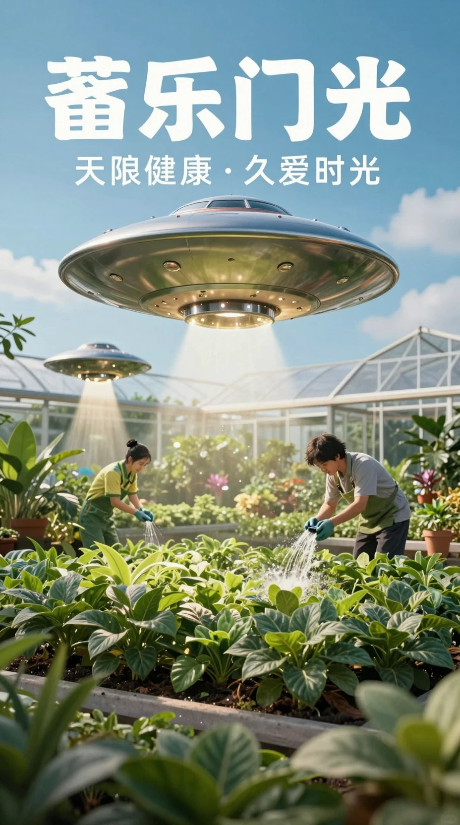 寧靜溫室花園裡照料植物的小型幽浮