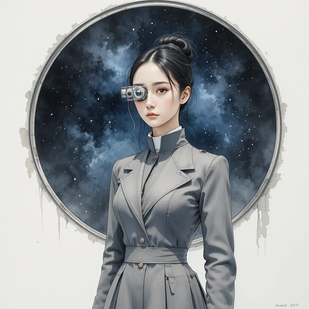 星空虛空前戴單片眼鏡女子的水彩肖像