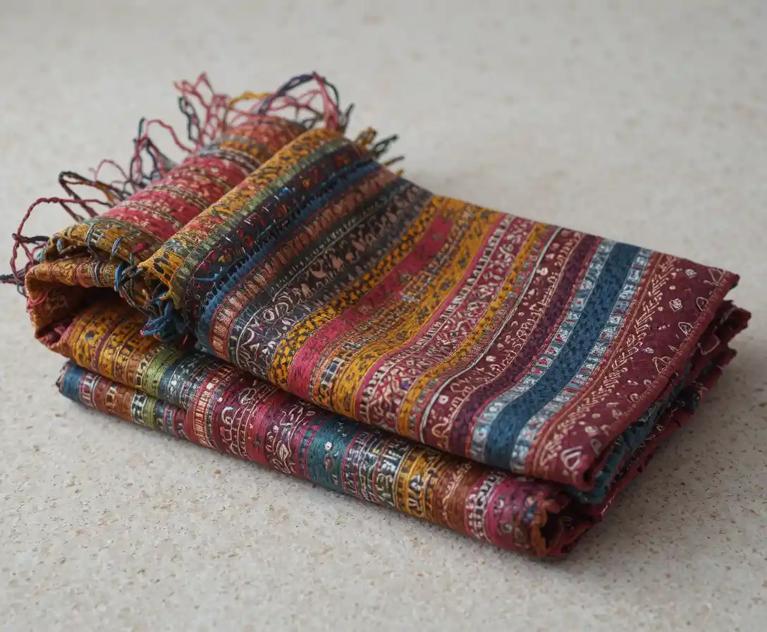 Tessuto di sarong colorato piegato con motivi tessuti intricati