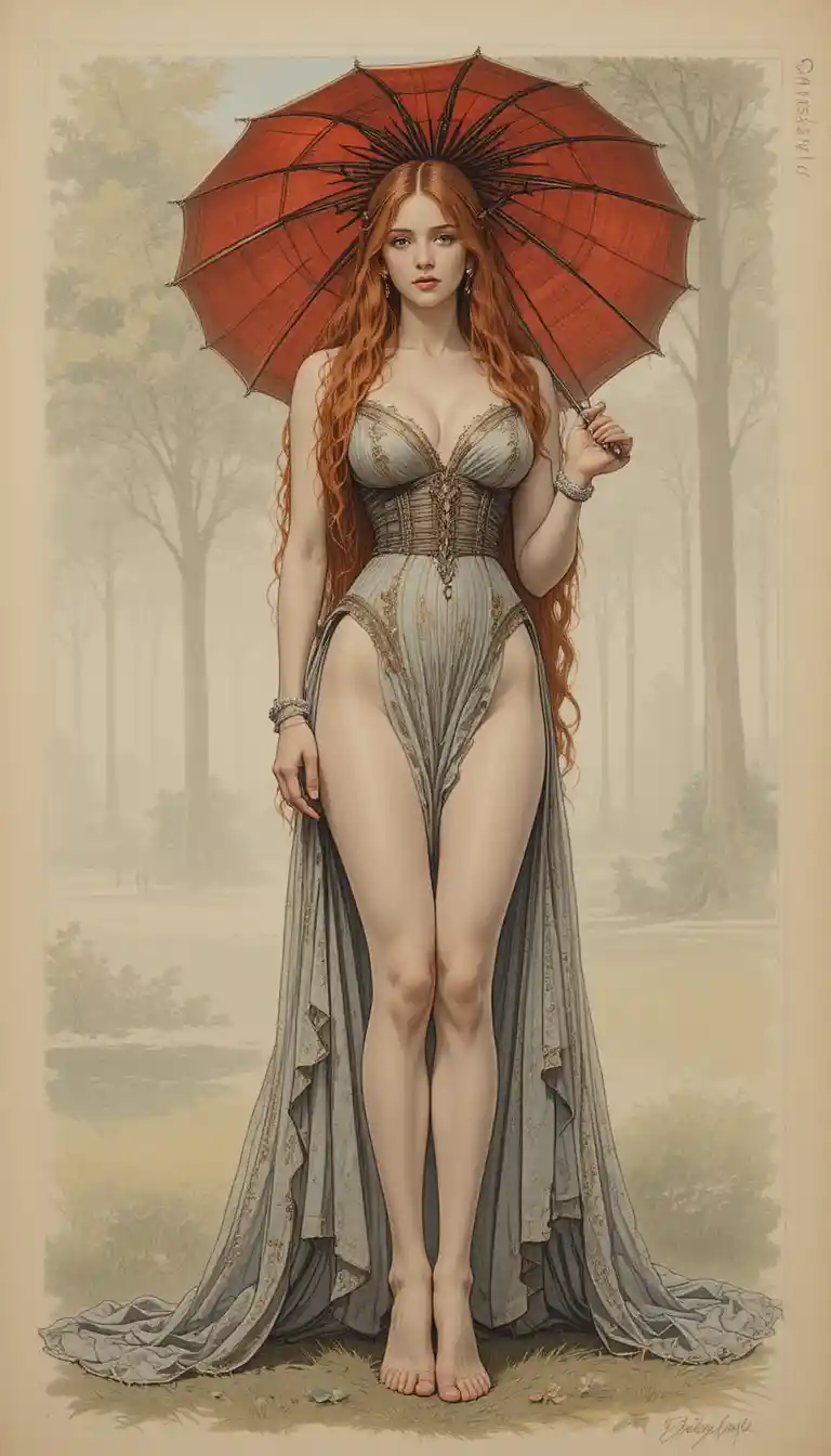 Jeune femme rousse en robe victorienne avec un parapluie