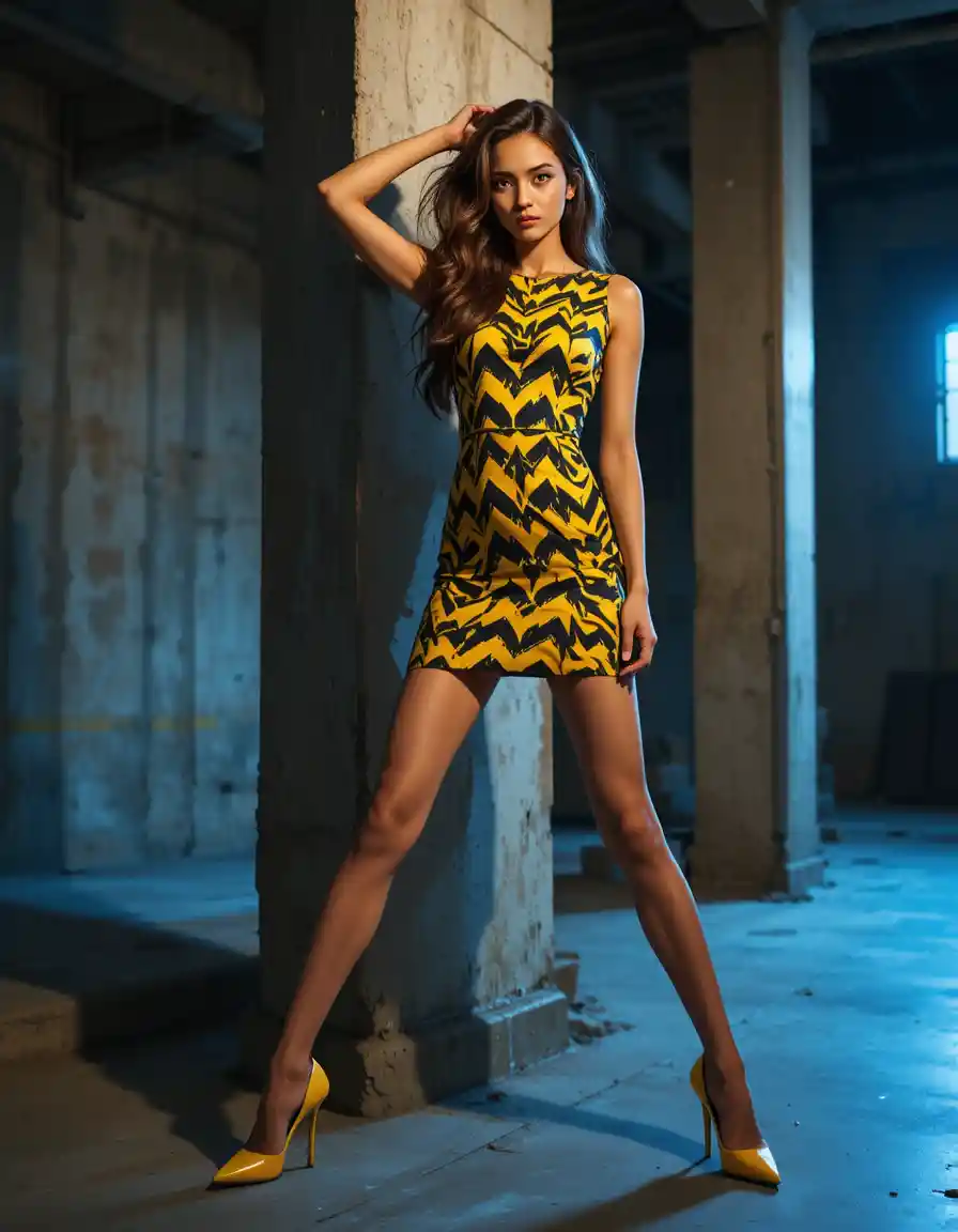 Modelo segura con vestido amarillo de zigzag en interior industrial