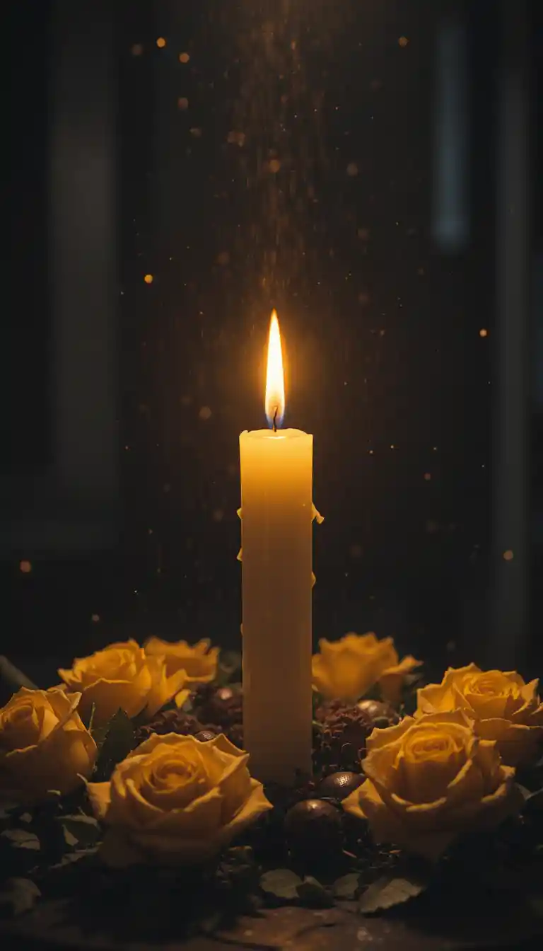 Única vela brillante con rosas amarillas en la oscuridad