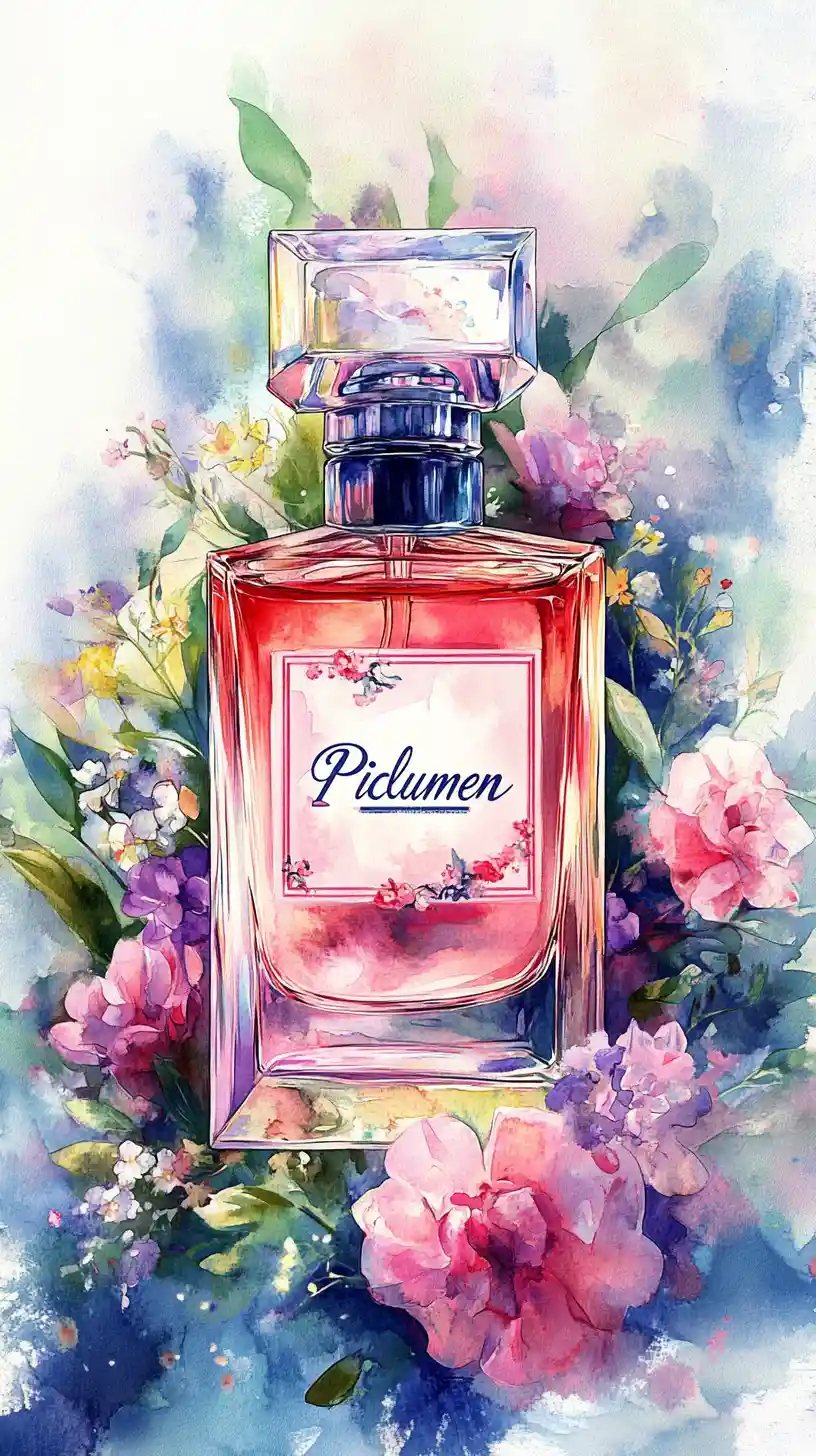 Watercolor perfume bottle illustration with delicate floral accents