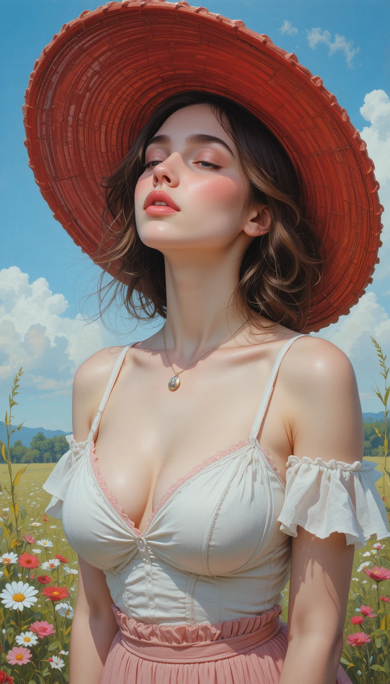 Young woman in red hat gazing upward in sunny meadow