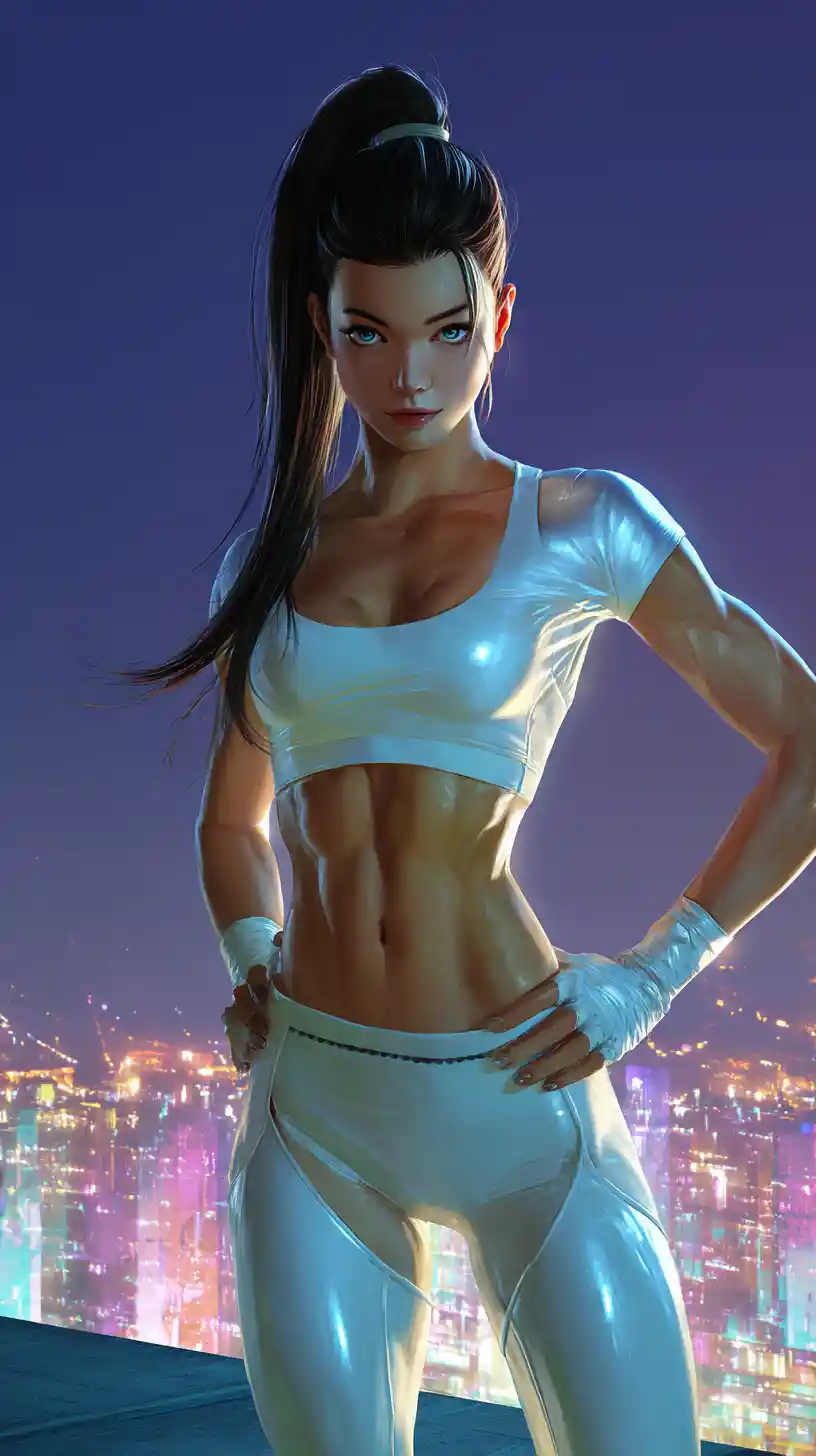 Cosmic warrior woman on a rooftop above neon city