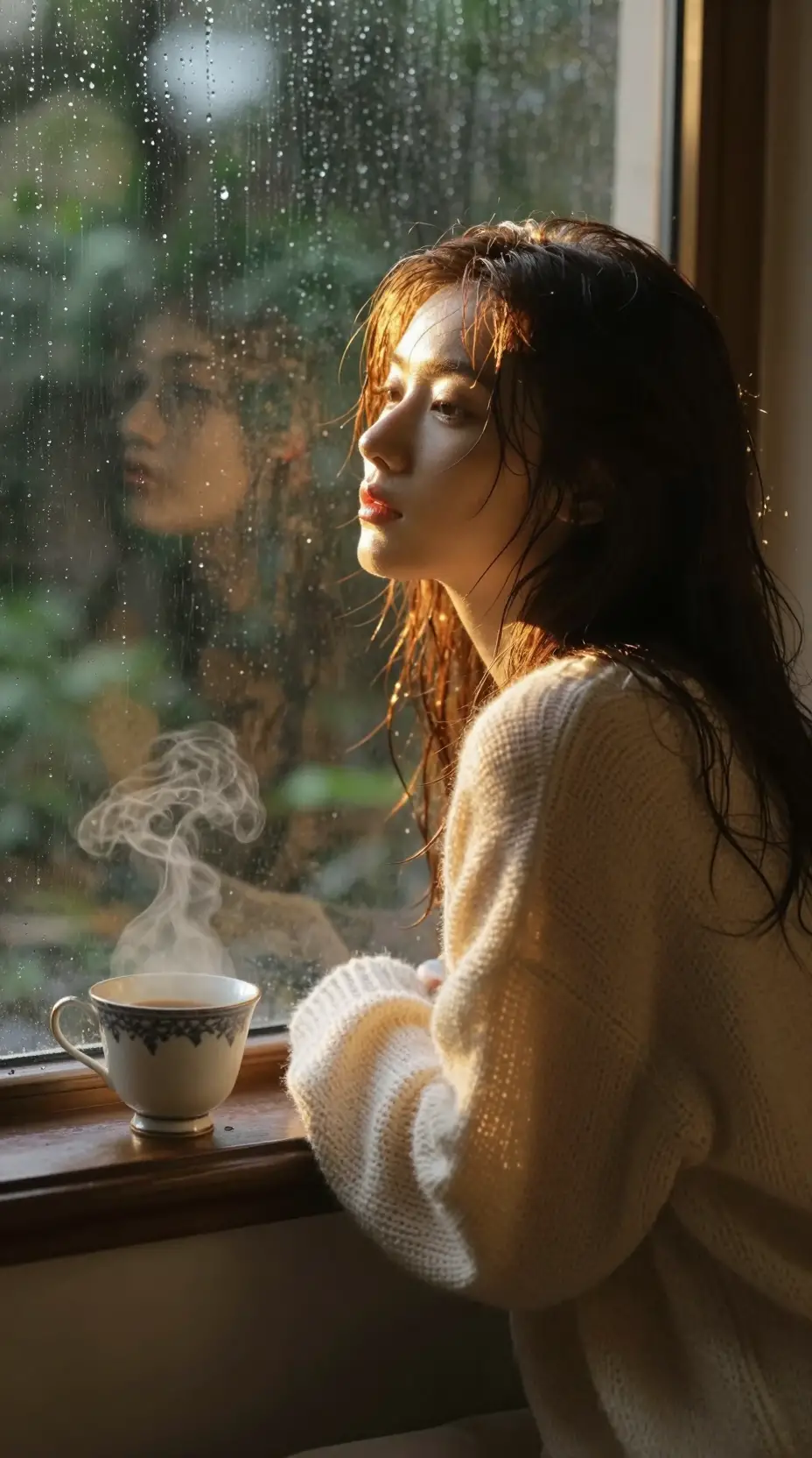 Girl By Rainy Window With Warm Golden Hour Light