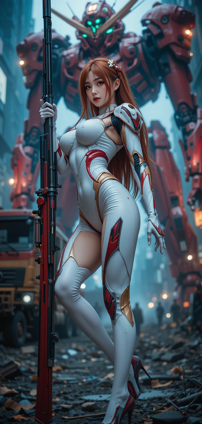 Confident sci fi woman posing before ruined city mecha