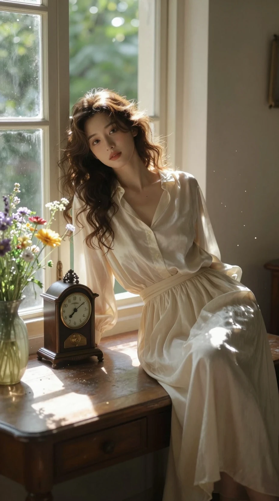 Girl by a sunlit window in a nostalgic afternoon