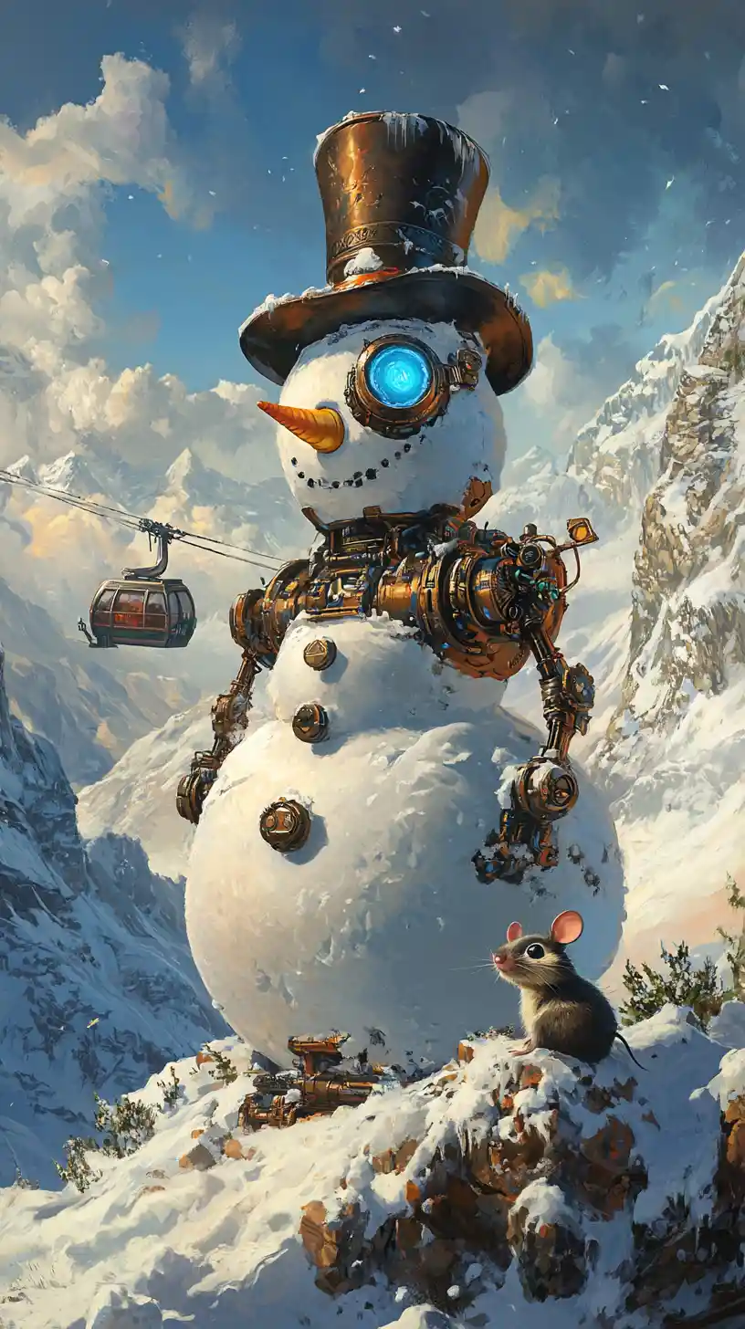 Robotic snowman with top hat on snowy mountain peak