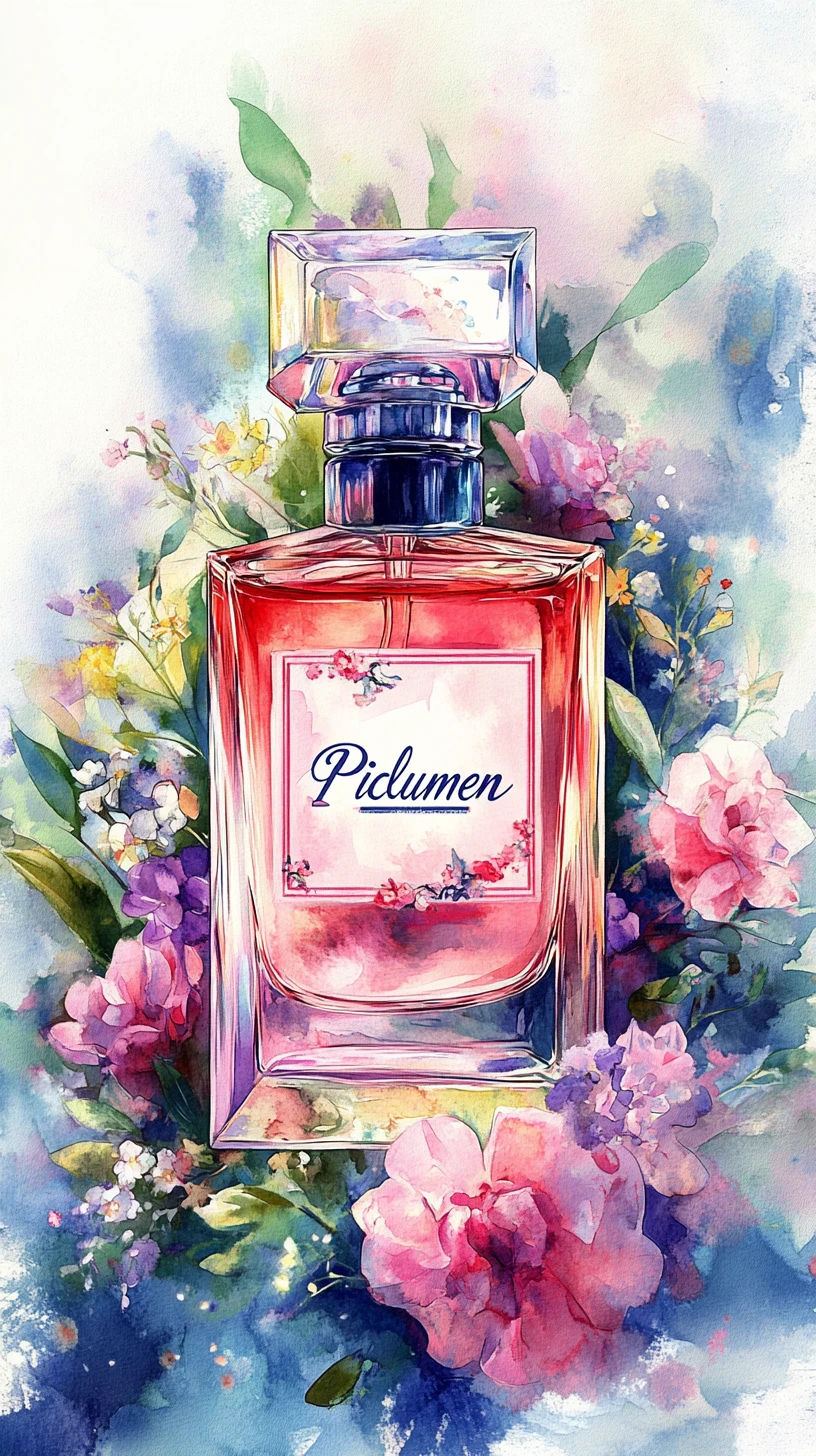 Watercolor perfume bottle illustration with delicate floral accents