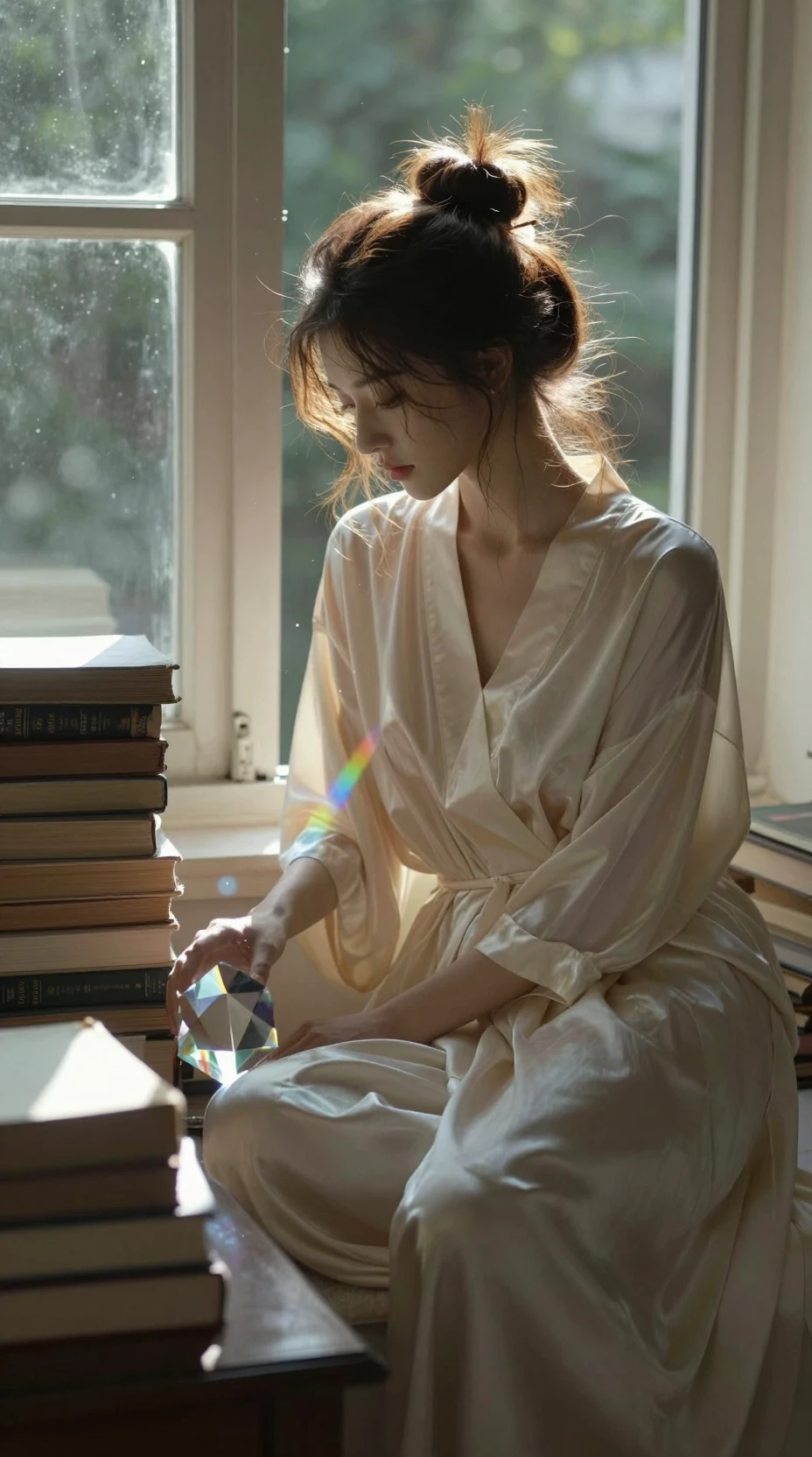 Dreamy girl on a window seat with morning light