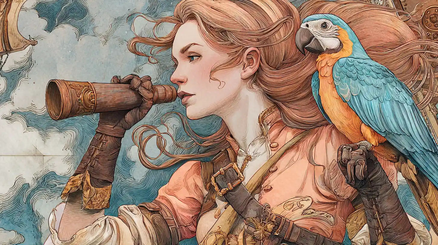 Watercolor steampunk pirate woman with parrot on ship deck