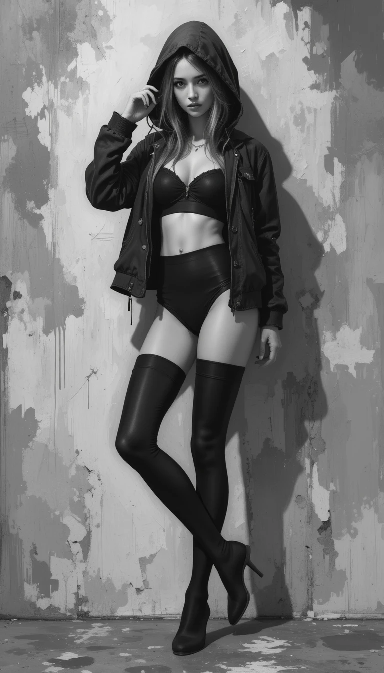 Young woman in hooded jacket with stockings posing