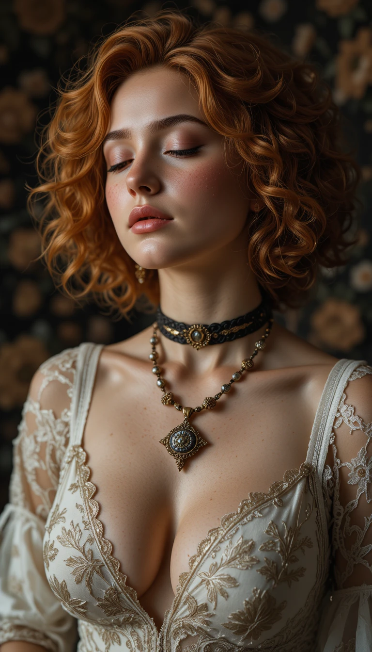 Rothaarige Frau im weichen goldenen Licht mit Vintage-Schmuck