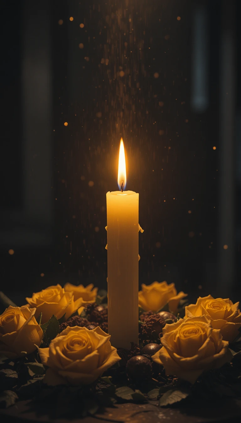 Única vela brillante con rosas amarillas en la oscuridad