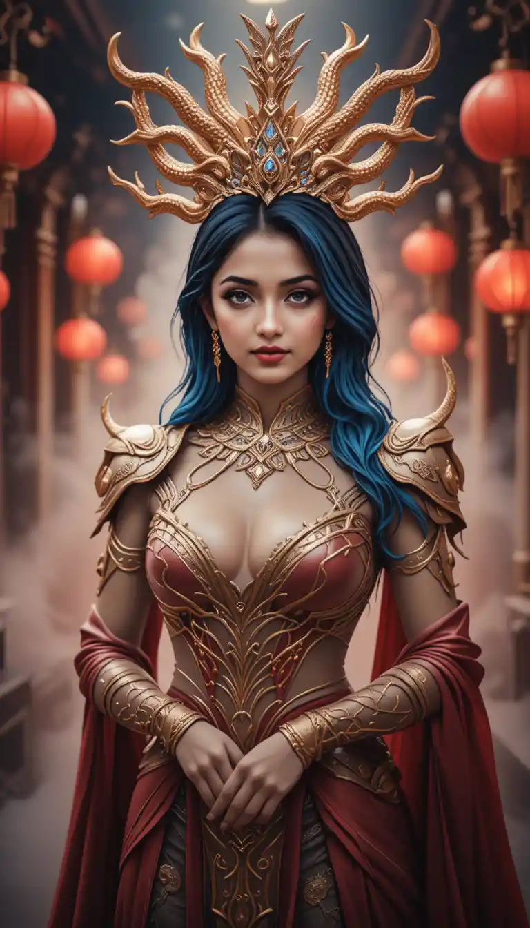 Regal medusa inspired woman in ornate fantasy temple