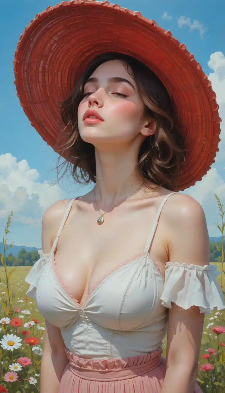 Young woman in red hat gazing upward in sunny meadow