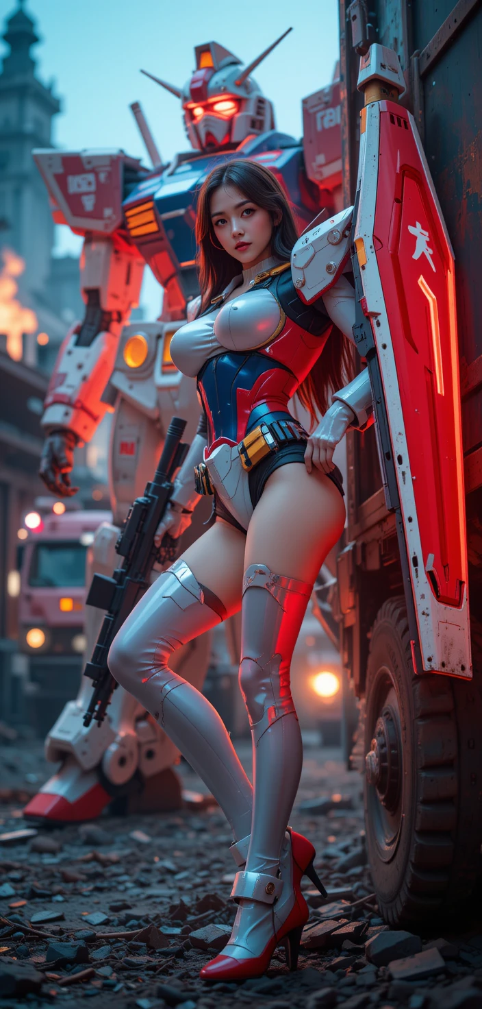 Hong Kong woman in Gundam inspired armor striking a bold pose