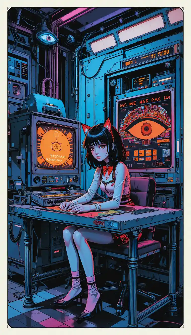Anime ninja girl beside vintage mainframe computer table