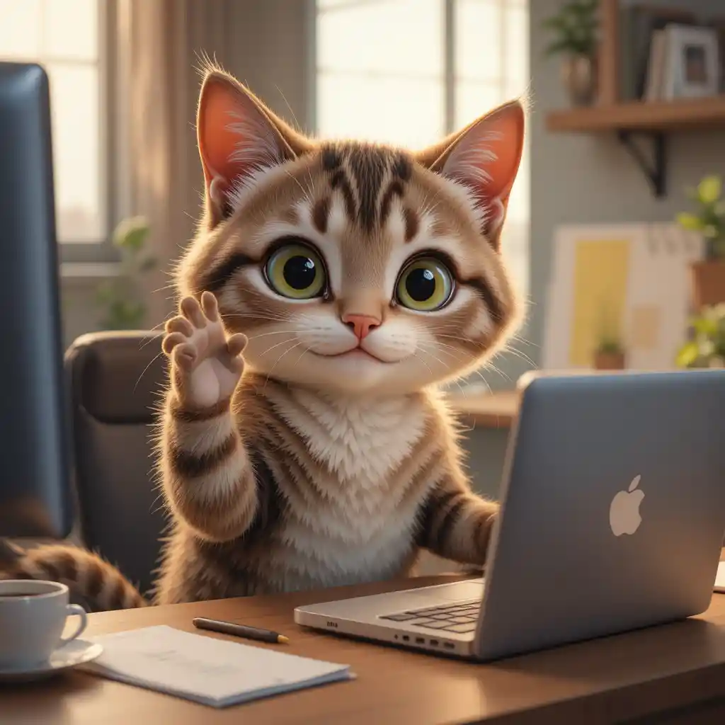 Cute anthropomorphic cat working at a cozy home desk
