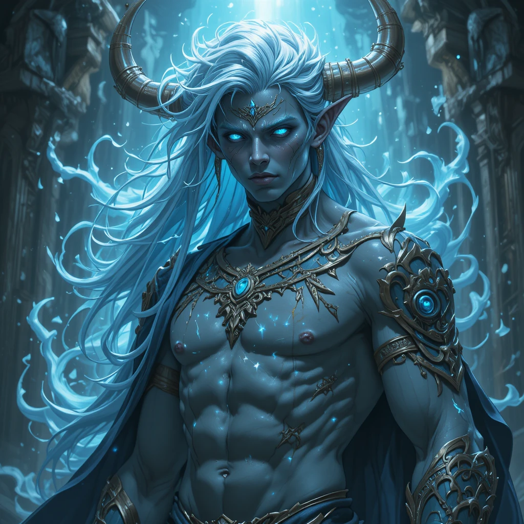 Pale blue eyed illusion god in a fantasy realm