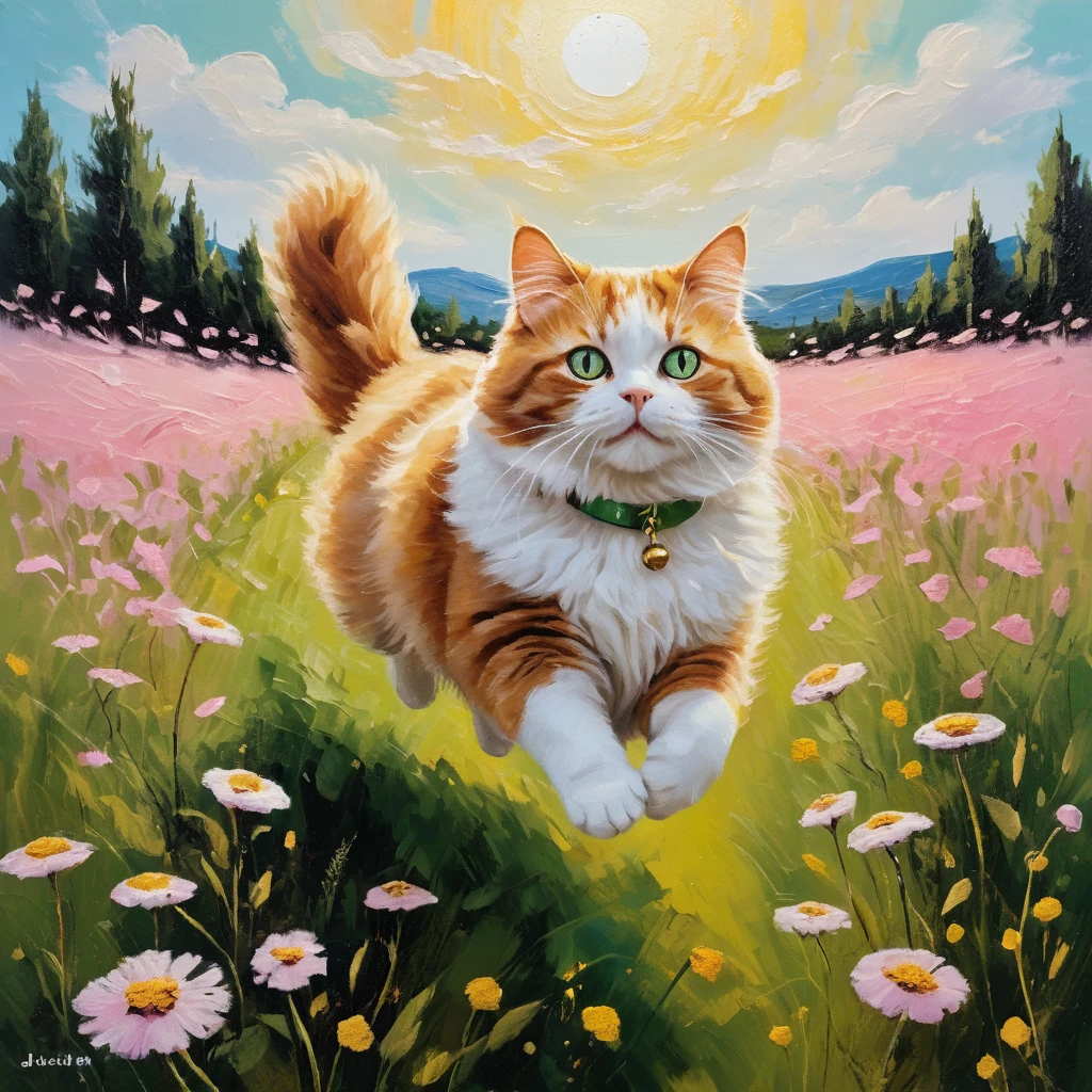 Calico cat leaping through a dreamy flower meadow painting