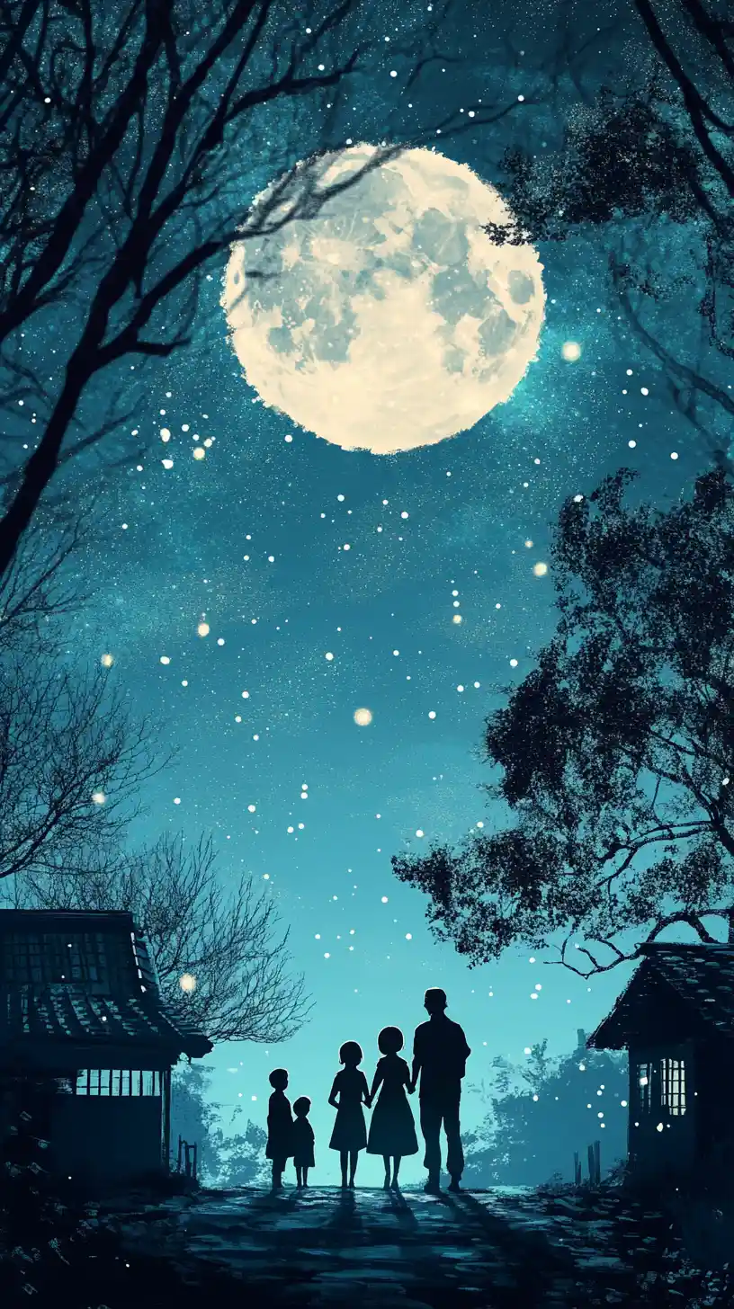 Family standing together beneath a peaceful starry night sky