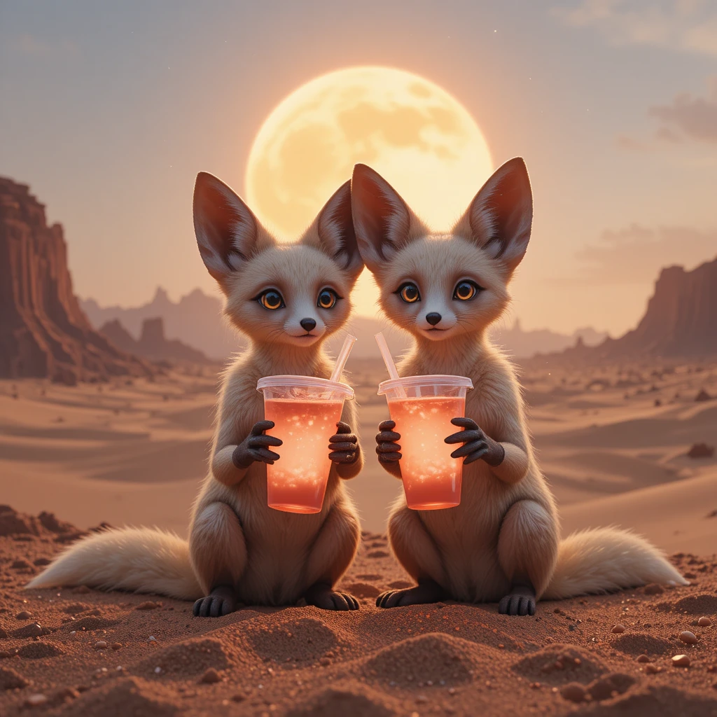 Whimsical fennec foxes with neon drinks in a desert