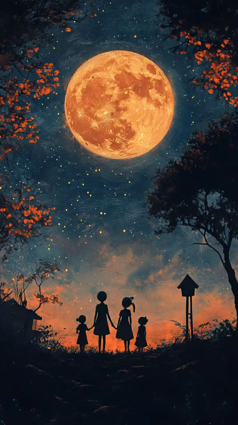 Family standing together under a peaceful starry night sky