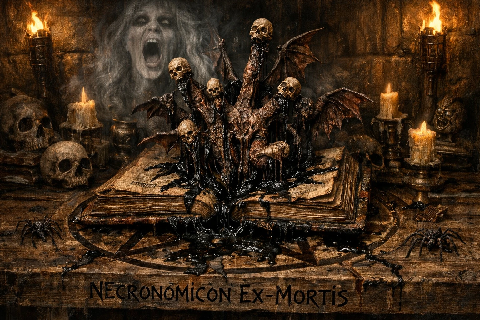 Demonic Necronomicon Unleashing Horrors On A Pentagram Table