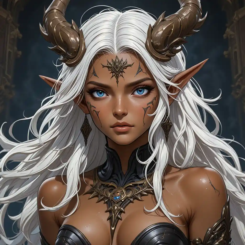 Reife Fantasy-Göttin mit gebräunter Haut und violetten Augen