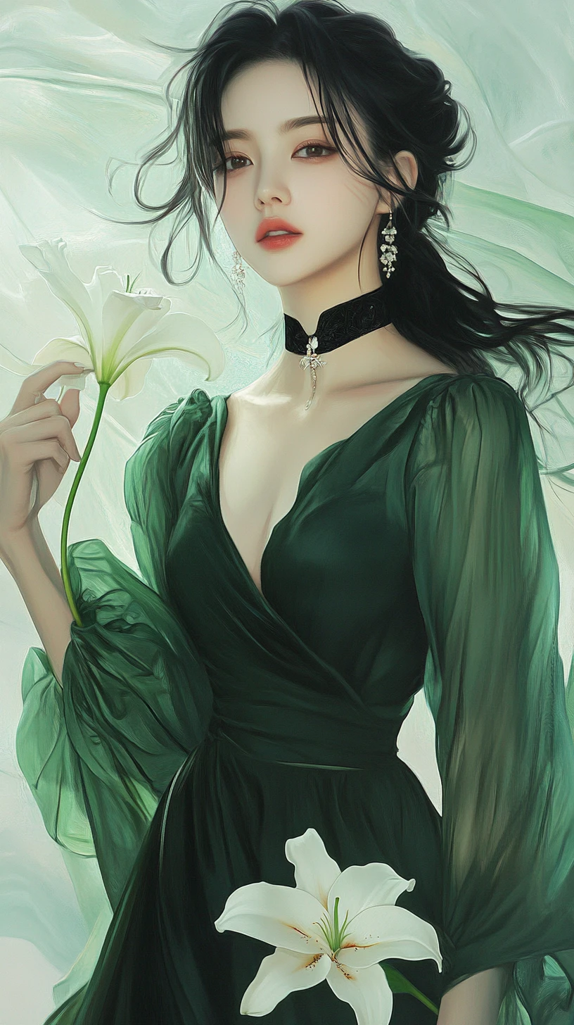 Elegant Asian woman in green dress with white lily
