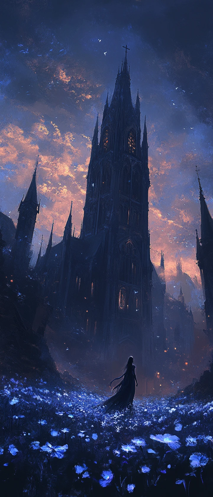 Dark haired superhero on a gothic church at twilight