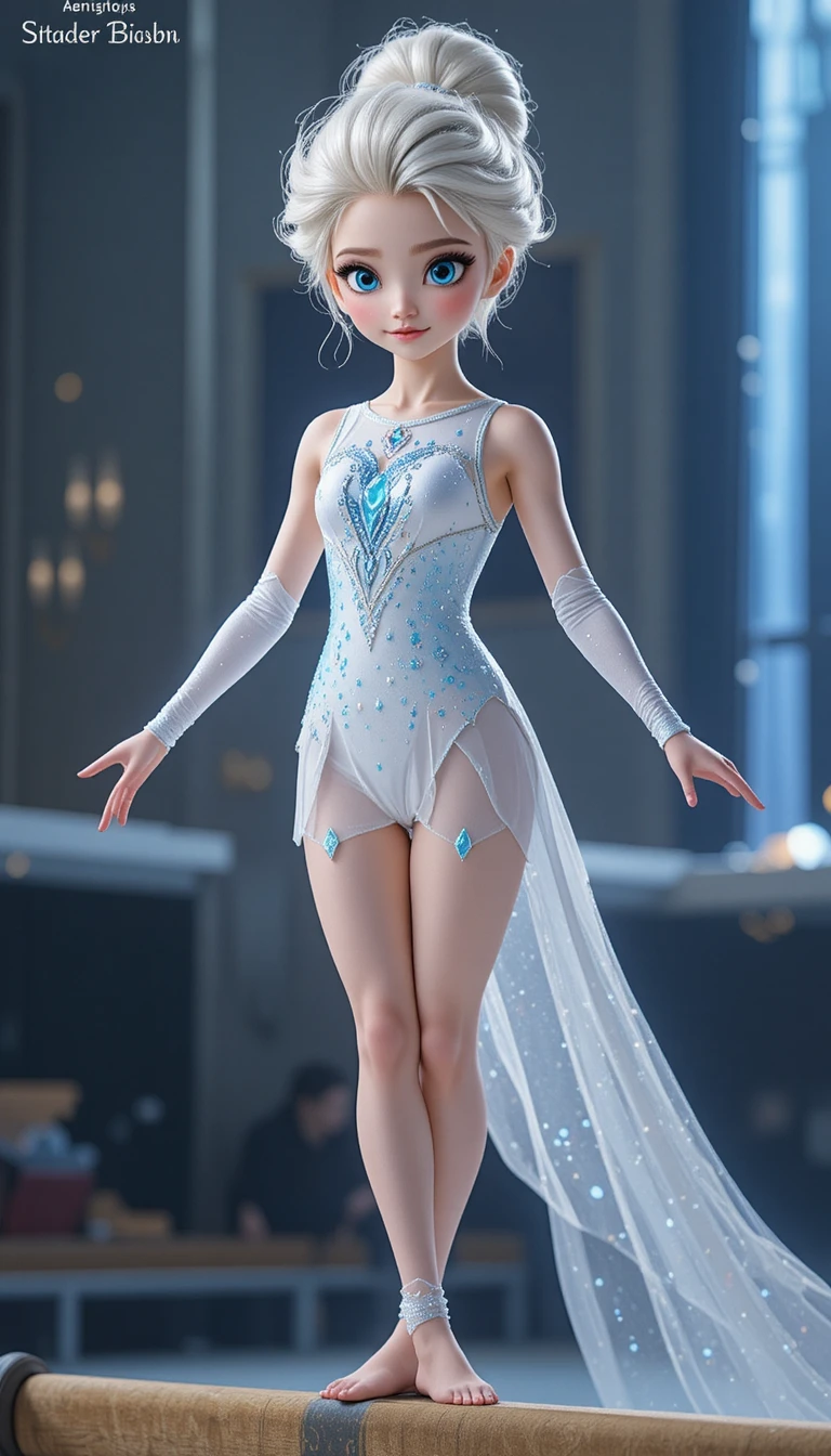 Female gymnast balancing on beam in icy blue leotard