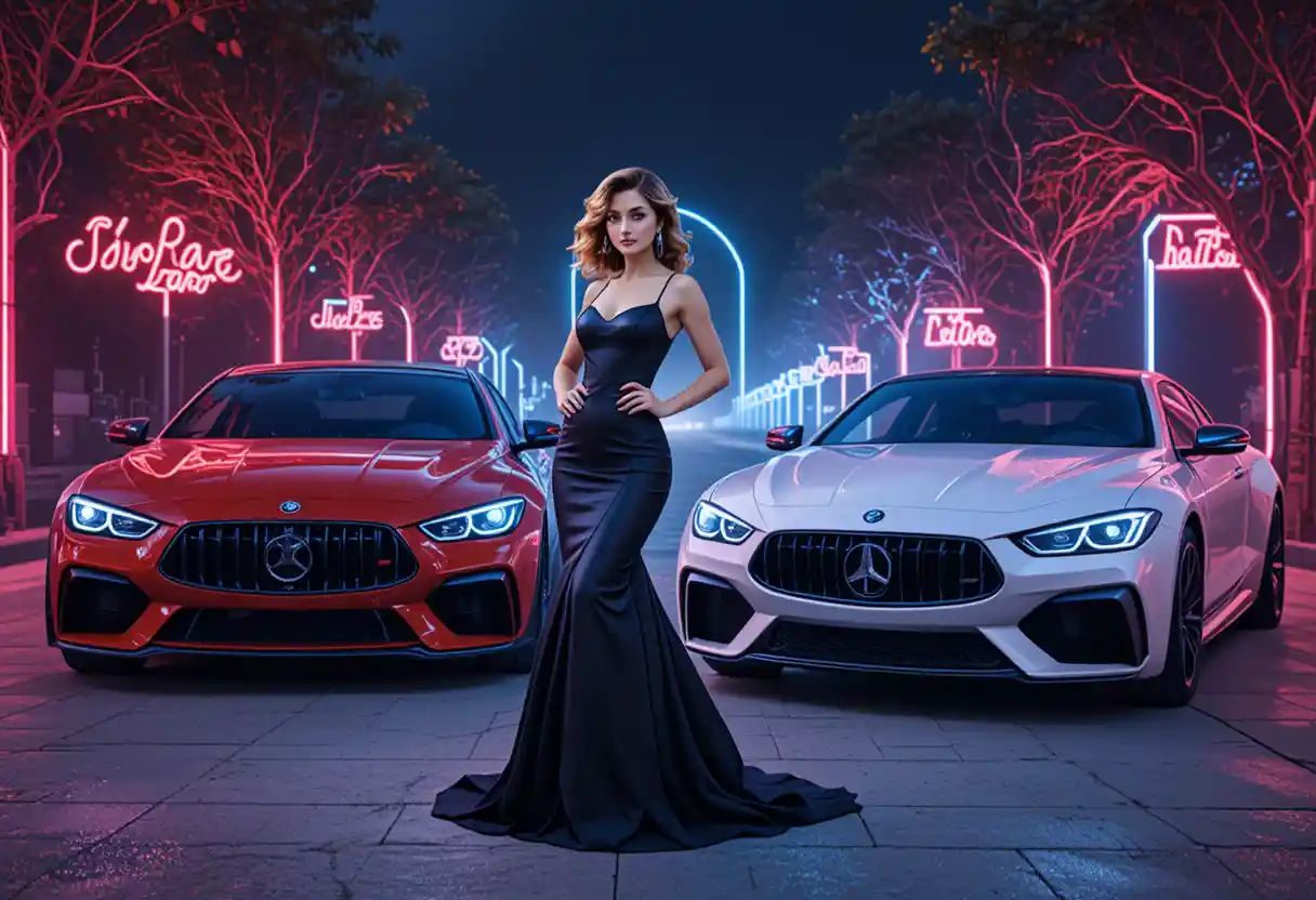 Elegant woman posing with two luxury sports cars outdoors