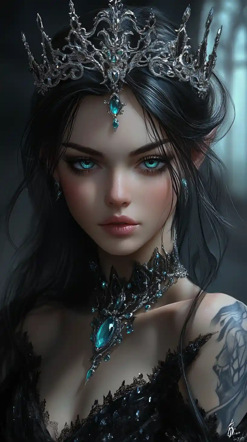 Dark haired snow queen witch with piercing blue eyes