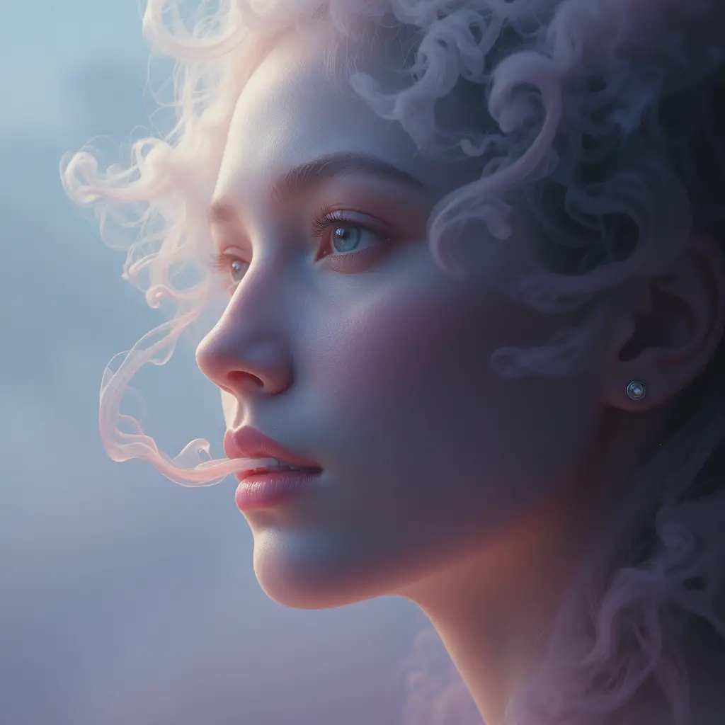 Human face emerging from curling smoke and soft pastel haze