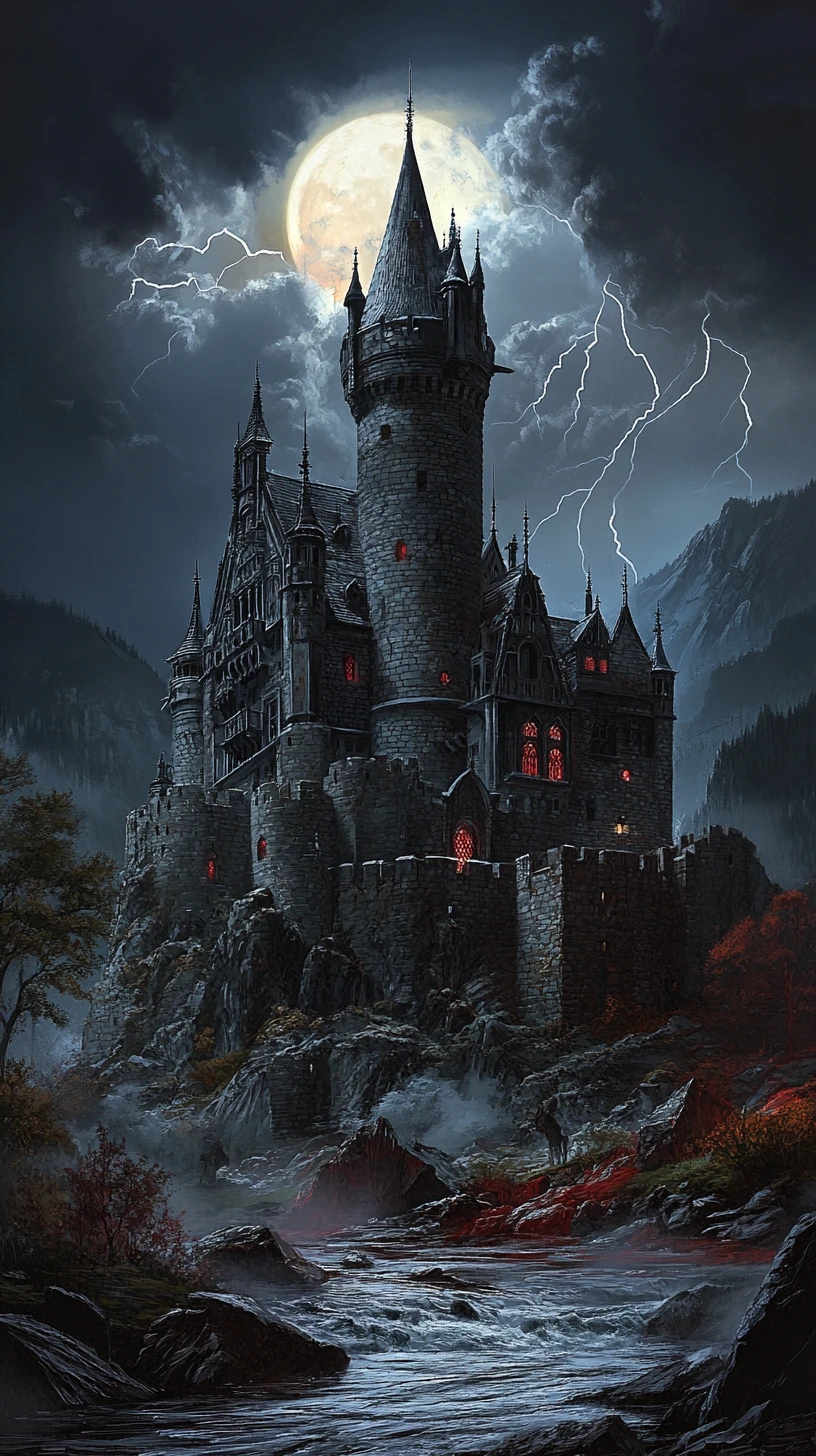 Castello sui Carpazi in tempesta sotto una luminosa luna piena