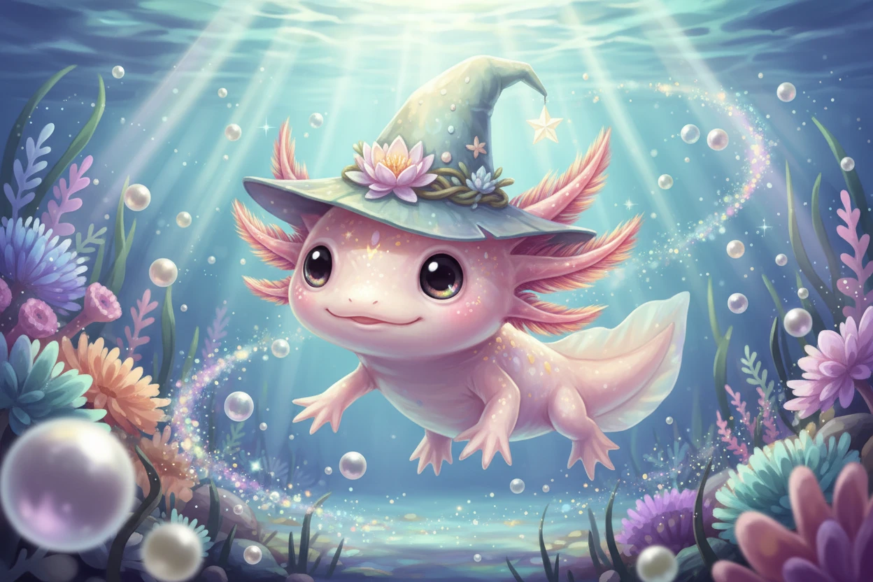 Verspielter Baby-Axolotl-Zauberer in einem pastellfarbenen Unterwassergarten