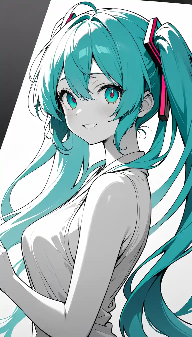 側面線稿的微笑雙馬尾動畫女孩