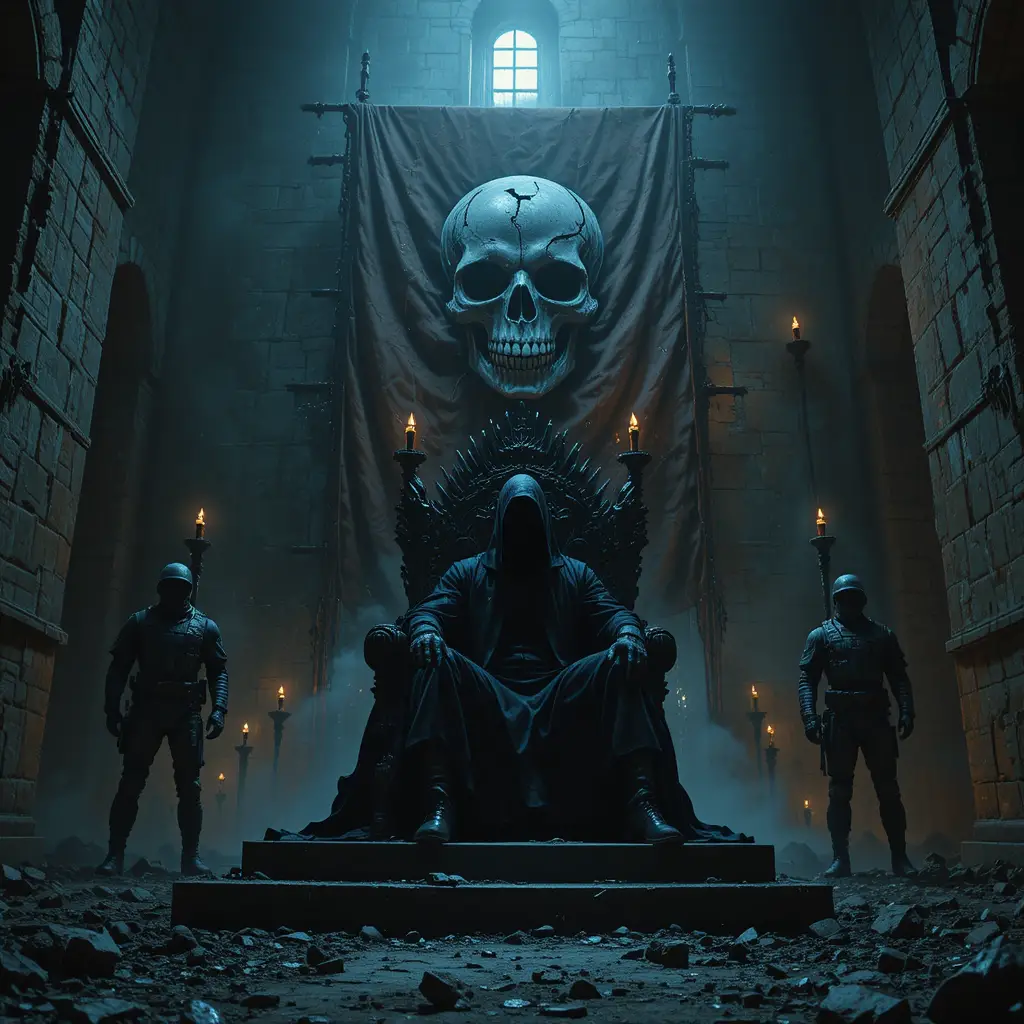 Shadow figure on a brutal throne in a ruined castle