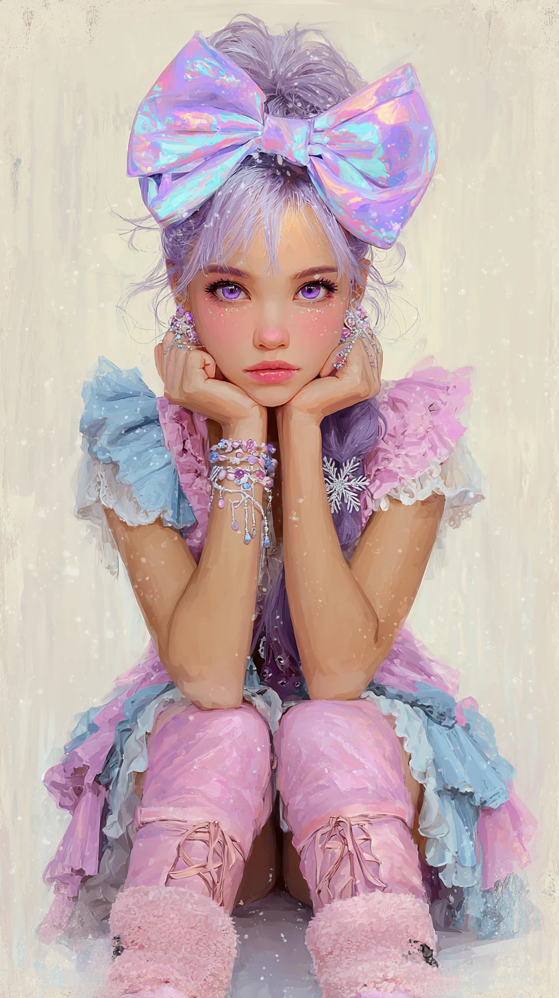 Lavender Haired Anime Girl In Colorful Winter Dress