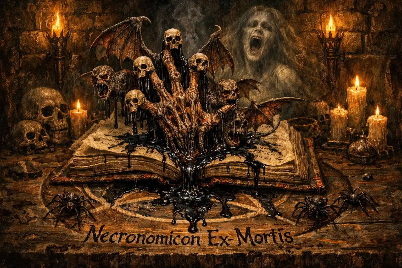 Dämonische Hand, die aus einem alten Buch auf einem Pentagrammtisch aufsteigt