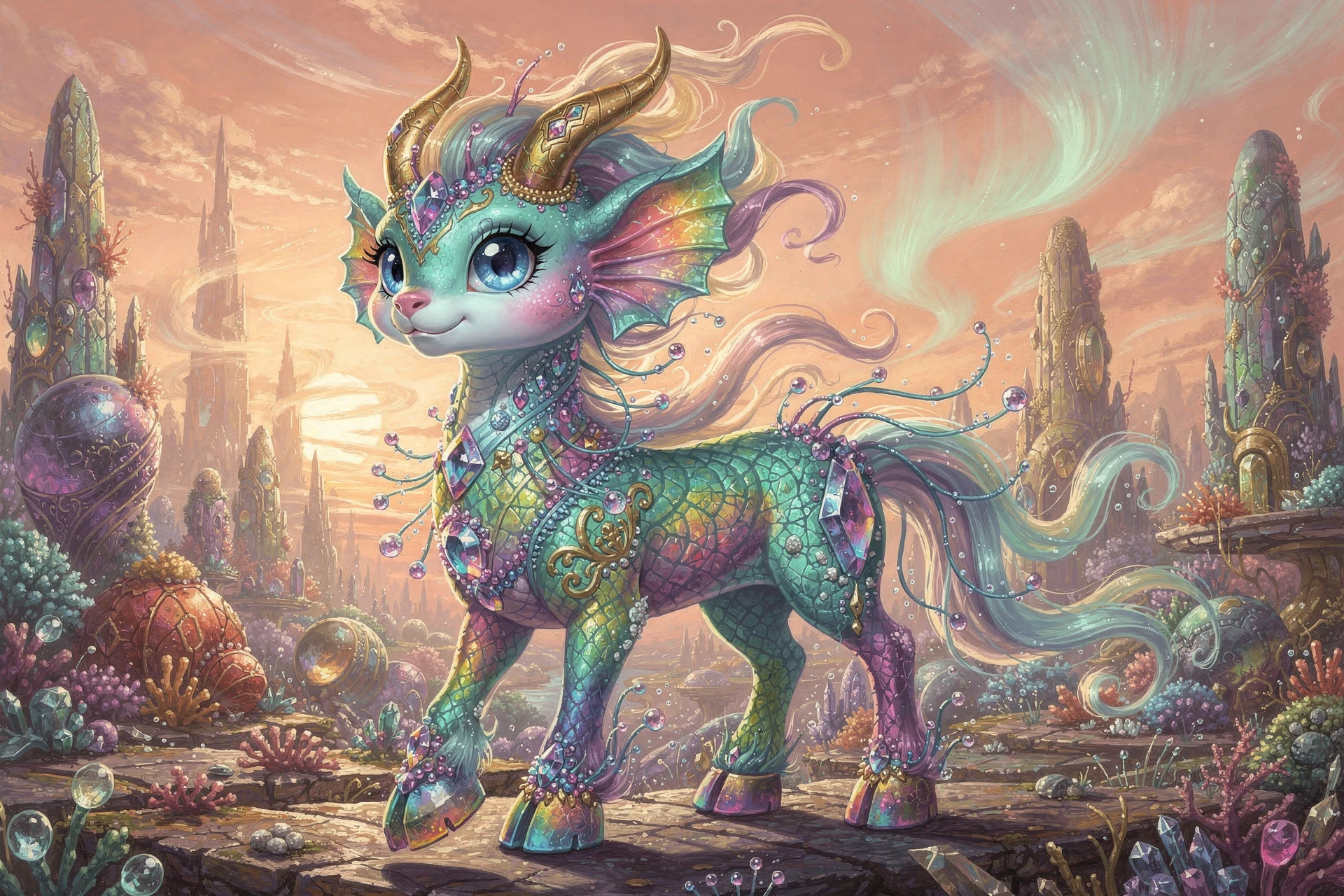 虹彩數位插畫中的奇幻外星麒麟生物
