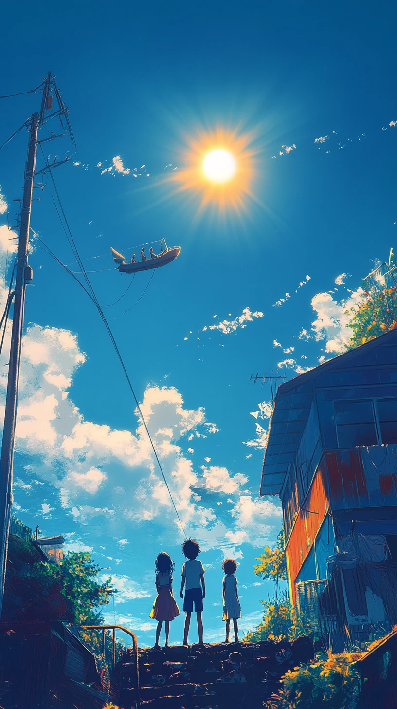 Família de anime sob o céu azul ao lado de sua casa no subúrbio