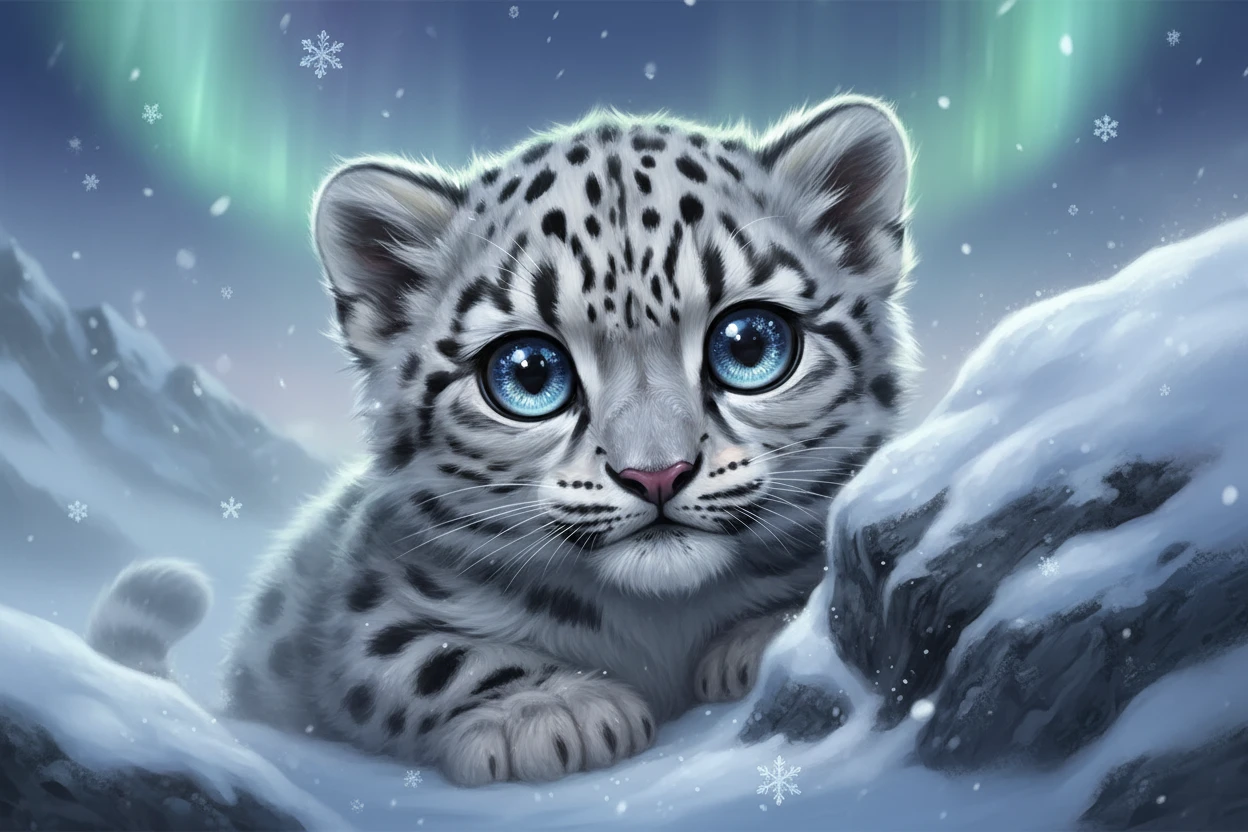 Kawaii snow leopard cub peeking from a snowy mountain rock